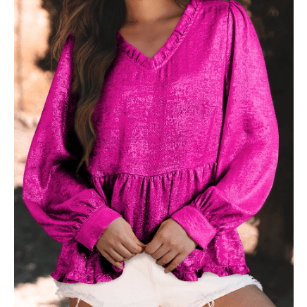 Ellie Mae Hot Pink Metallic Frilled V Neck Puff Sleeve Babydoll Blouse