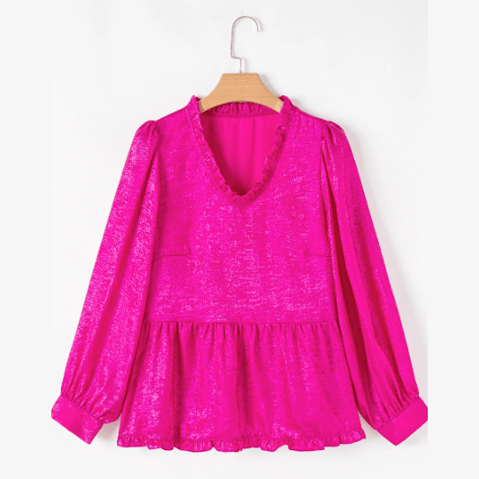 Ellie Mae Hot Pink Metallic Frilled V Neck Puff Sleeve Babydoll Blouse