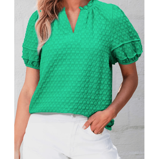Bessie Bright Green Textured Puff Short Sleeve Notched V Neck Top