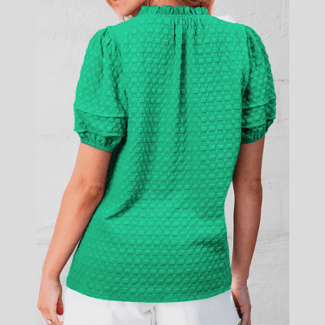 Bessie Bright Green Textured Puff Short Sleeve Notched V Neck Top