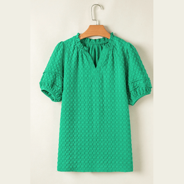 Bessie Bright Green Textured Puff Short Sleeve Notched V Neck Top