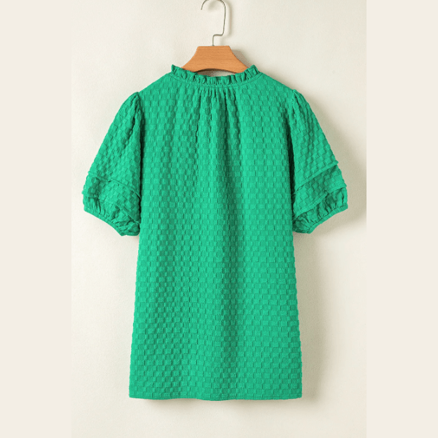 Bessie Bright Green Textured Puff Short Sleeve Notched V Neck Top