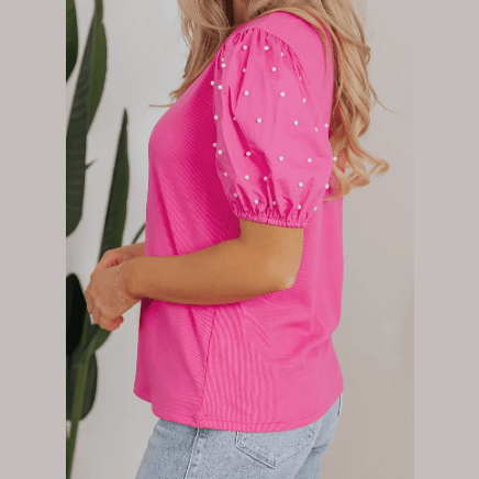 Delaney Bright Pink Ribbed Pearl Beaded Puff Sleeve Top