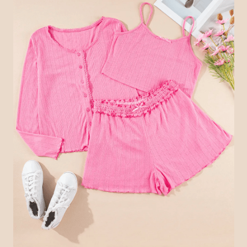 REDUCED!!! Brenna Pink Delicate Texture Cropped Cami Shorts and Cardigan 3pcs Lounge Set REDUCED!!!
