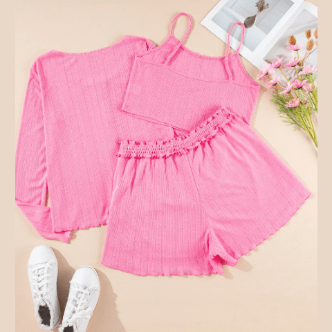REDUCED!!! Brenna Pink Delicate Texture Cropped Cami Shorts and Cardigan 3pcs Lounge Set REDUCED!!!