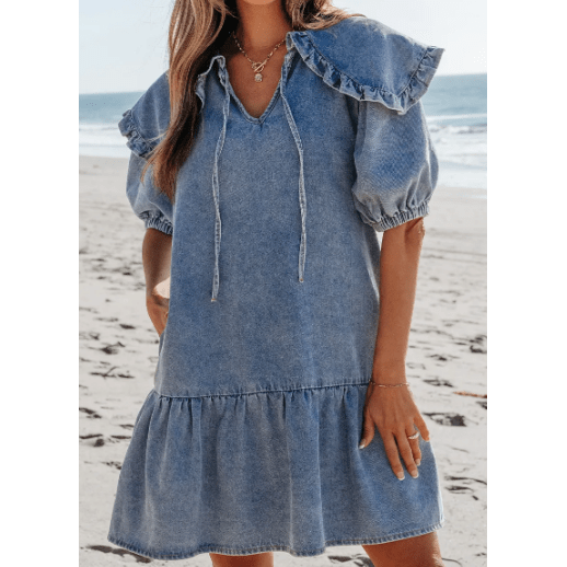 REDUCED!!! Kathleen Dusk Blue Ruffled Collared Side Pockets Puff Sleeve Denim Mini Dress REDUCED!!!