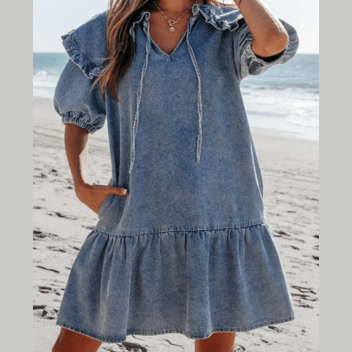 REDUCED!!! Kathleen Dusk Blue Ruffled Collared Side Pockets Puff Sleeve Denim Mini Dress REDUCED!!!