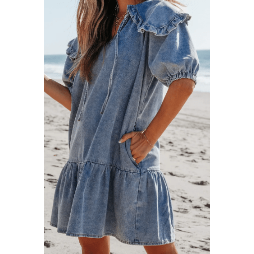 REDUCED!!! Kathleen Dusk Blue Ruffled Collared Side Pockets Puff Sleeve Denim Mini Dress REDUCED!!!