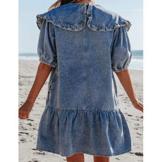 REDUCED!!! Kathleen Dusk Blue Ruffled Collared Side Pockets Puff Sleeve Denim Mini Dress REDUCED!!!