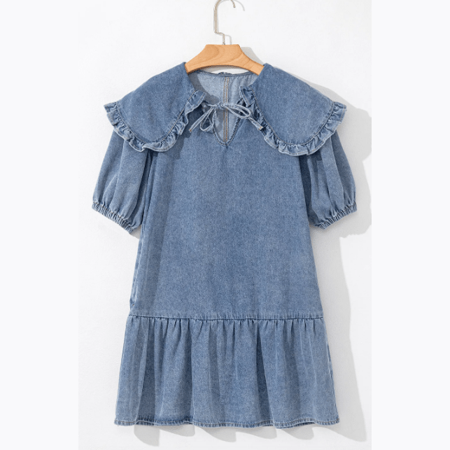 REDUCED!!! Kathleen Dusk Blue Ruffled Collared Side Pockets Puff Sleeve Denim Mini Dress REDUCED!!!