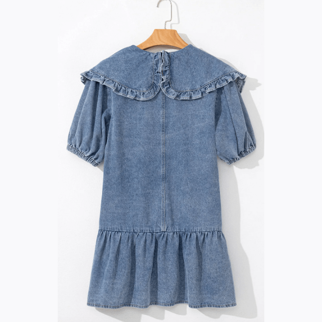 REDUCED!!! Kathleen Dusk Blue Ruffled Collared Side Pockets Puff Sleeve Denim Mini Dress REDUCED!!!