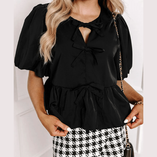 REDUCED!!! Orsie Black Puff Sleeve Bowknot Front Peplum Blouse REDUCED!!!