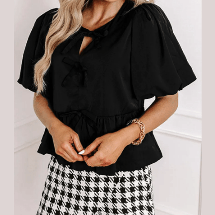 REDUCED!!! Orsie Black Puff Sleeve Bowknot Front Peplum Blouse REDUCED!!!