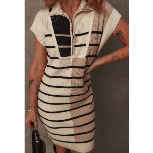 SALE!! Penny Khaki Color Block Quarter Zip Collar Short Sleeve Sweater Dress SALE!!