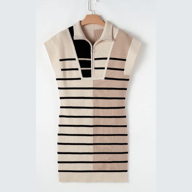 SALE!! Penny Khaki Color Block Quarter Zip Collar Short Sleeve Sweater Dress SALE!!