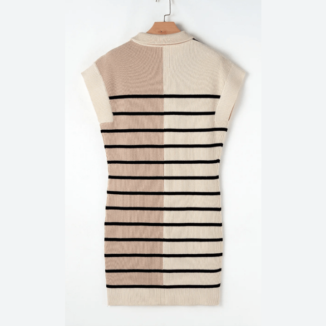 SALE!! Penny Khaki Color Block Quarter Zip Collar Short Sleeve Sweater Dress SALE!!
