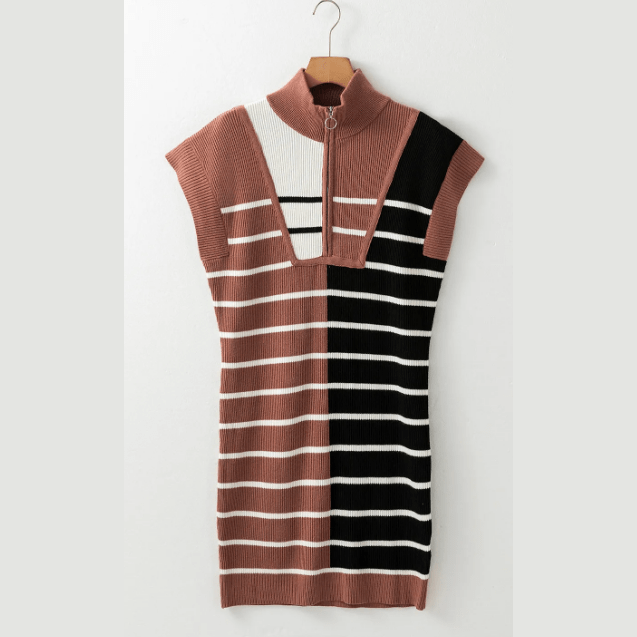 SALE!! Penny Brown Color Block Quarter Zip Collar Short Sleeve Sweater Dress SALE!!