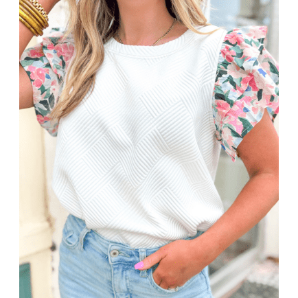 Rachel Abstract Print Tiered Ruffled Sleeve Textured Knit Top