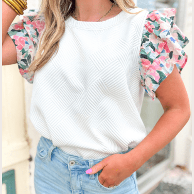 Rachel Abstract Print Tiered Ruffled Sleeve Textured Knit Top