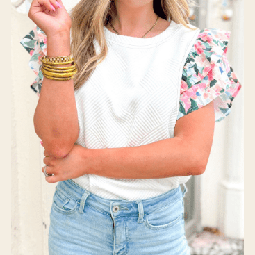 Rachel Abstract Print Tiered Ruffled Sleeve Textured Knit Top