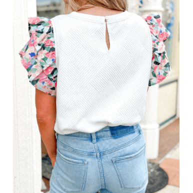 Rachel Abstract Print Tiered Ruffled Sleeve Textured Knit Top