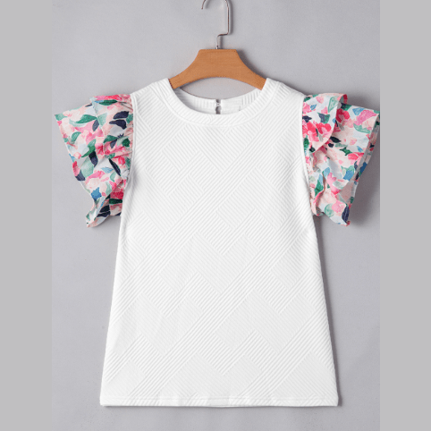 Rachel Abstract Print Tiered Ruffled Sleeve Textured Knit Top