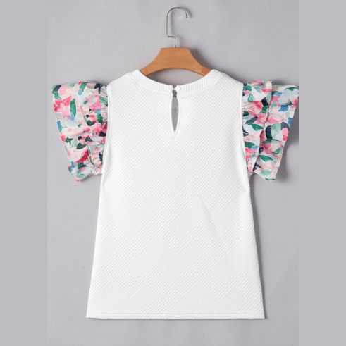 Rachel Abstract Print Tiered Ruffled Sleeve Textured Knit Top