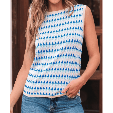 Ora Sky Blue Stripe Geometric Print Round Neck Slim Fit Sweater Vest
