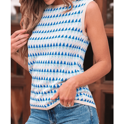Ora Sky Blue Stripe Geometric Print Round Neck Slim Fit Sweater Vest