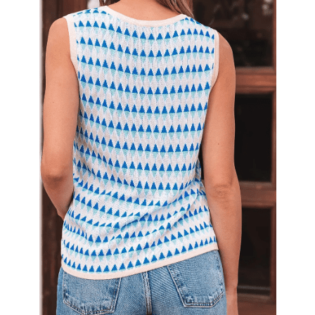 Ora Sky Blue Stripe Geometric Print Round Neck Slim Fit Sweater Vest