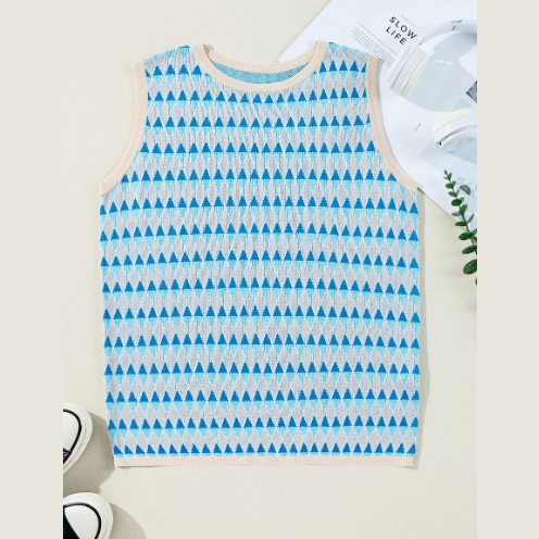 Ora Sky Blue Stripe Geometric Print Round Neck Slim Fit Sweater Vest