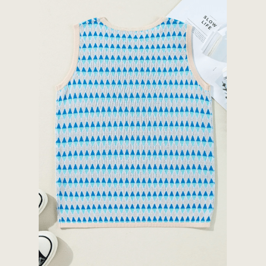 Ora Sky Blue Stripe Geometric Print Round Neck Slim Fit Sweater Vest