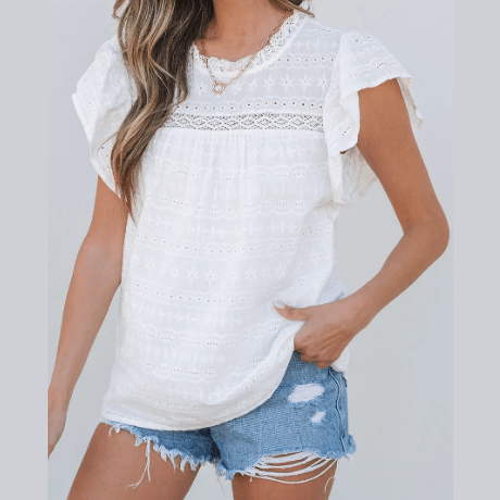 REDUCED!!! Esmira White Lace Neckline Flutter Sleeve Eyelets Blouse REDUCED!!!