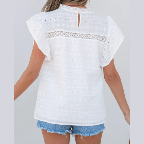 REDUCED!!! Esmira White Lace Neckline Flutter Sleeve Eyelets Blouse REDUCED!!!