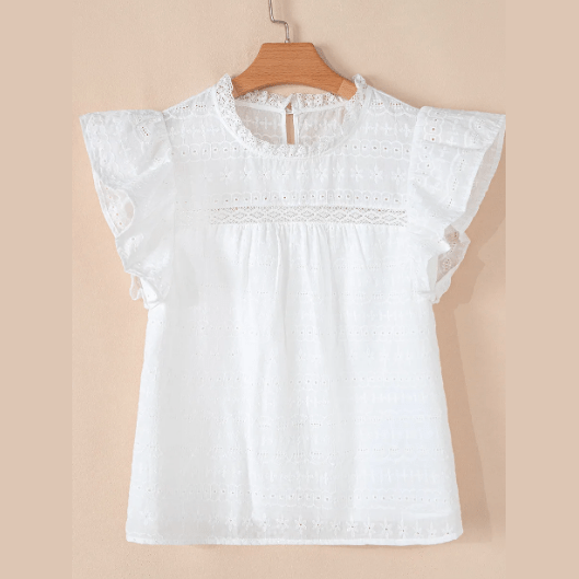 REDUCED!!! Esmira White Lace Neckline Flutter Sleeve Eyelets Blouse REDUCED!!!