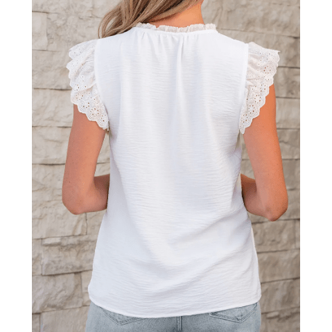 Josephine White Embroidered Ruffle Trim Textured Blouse