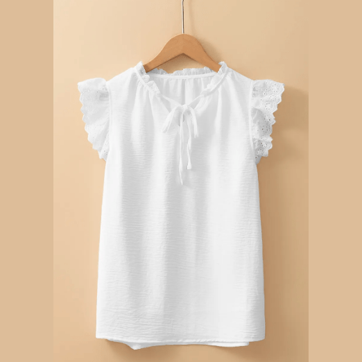 Josephine White Embroidered Ruffle Trim Textured Blouse