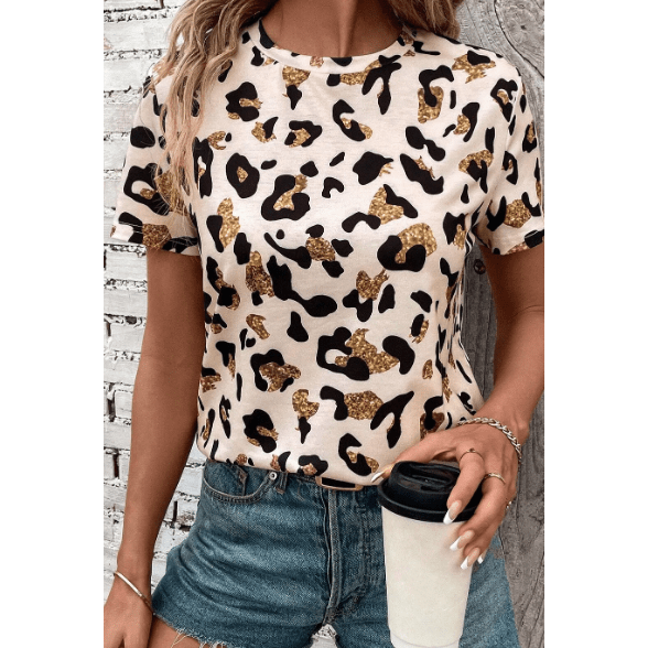 Nona Leopard Print Round Neck Casual T Shirt