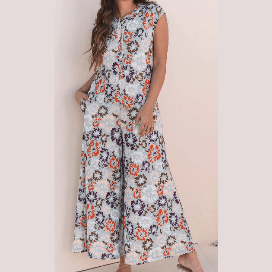 Maralie Sky Blue Floral Sleeveless Buttoned Pocketed Wide Leg Jumpsuit