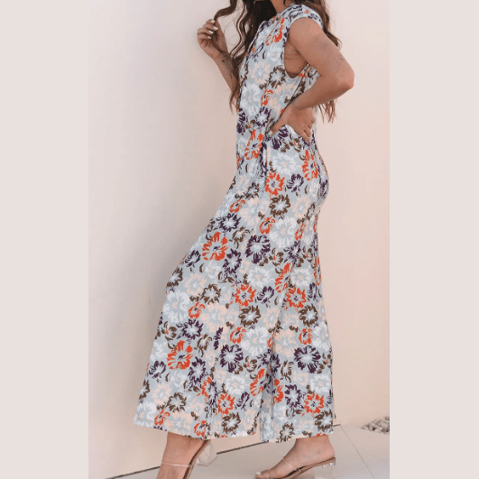 Maralie Sky Blue Floral Sleeveless Buttoned Pocketed Wide Leg Jumpsuit
