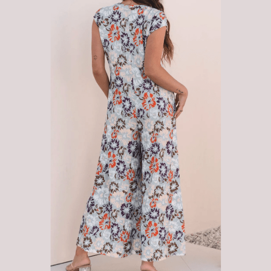 Maralie Sky Blue Floral Sleeveless Buttoned Pocketed Wide Leg Jumpsuit
