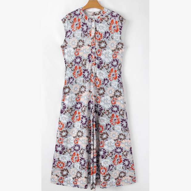 Maralie Sky Blue Floral Sleeveless Buttoned Pocketed Wide Leg Jumpsuit