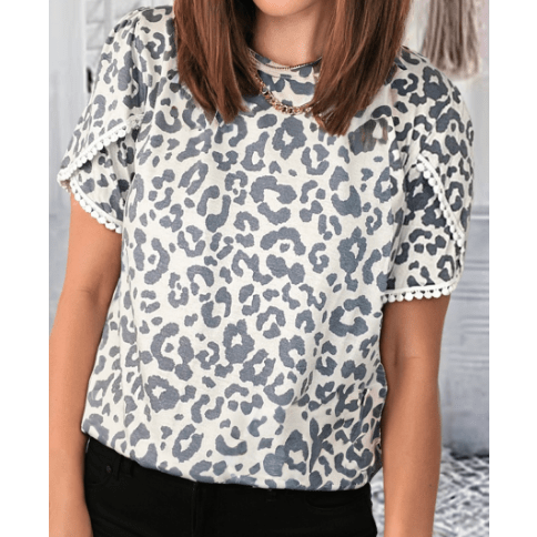Angelonia Beige Leopard Round Neck Lace Trim Petal Sleeve T Shirt