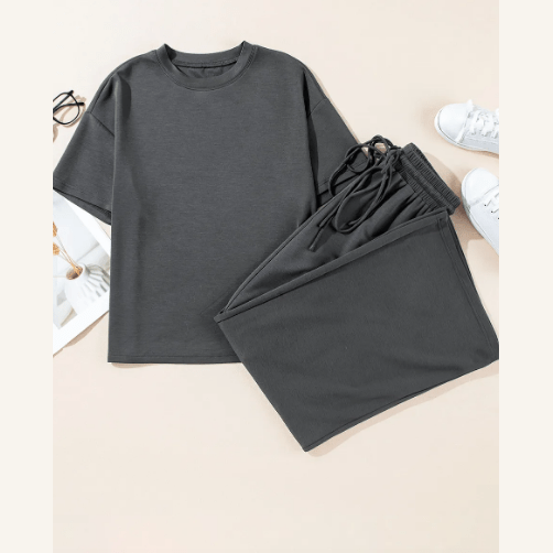 REDUCED!!! Dion Dark Grey Drawstring Side Crewneck Tee and Loose Pants Set REDUCED!!!