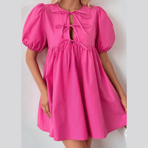 REDUCED!!! Elma Bright Pink Puff Sleeve Tie Front High Waist Mini Dress REDUCED!!!
