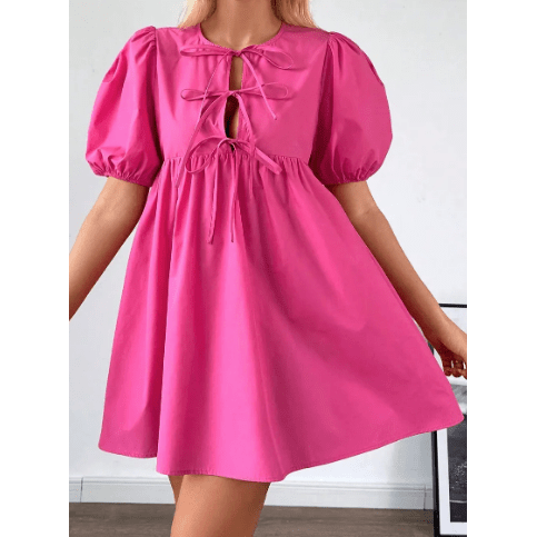 REDUCED!!! Elma Bright Pink Puff Sleeve Tie Front High Waist Mini Dress REDUCED!!!