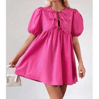 REDUCED!!! Elma Bright Pink Puff Sleeve Tie Front High Waist Mini Dress REDUCED!!!