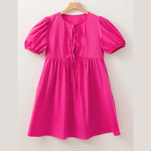 REDUCED!!! Elma Bright Pink Puff Sleeve Tie Front High Waist Mini Dress REDUCED!!!