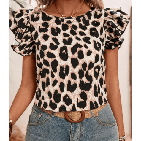 Hayden Leopard Print Layered Ruffled Short Sleeve Blouse