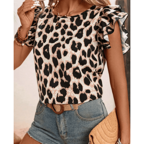 Hayden Leopard Print Layered Ruffled Short Sleeve Blouse